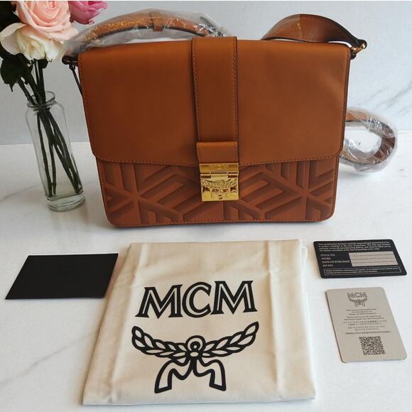 MCM Tracy Shoulder Bag in Cubic Logo Leather Cognac - NWT - Picture 8 of 16